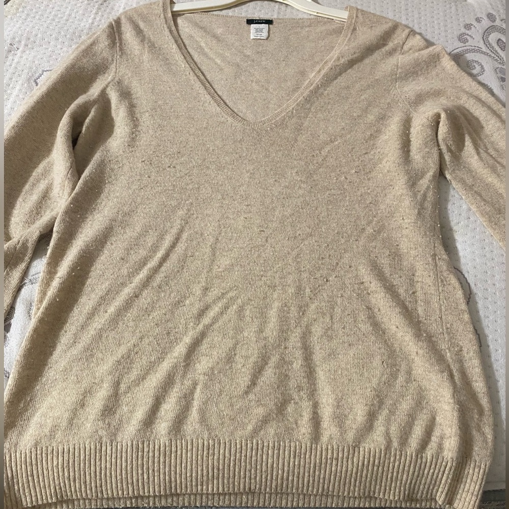 Elegant Beige V-Neck Women's Merino Wool & Cashmere Sweater